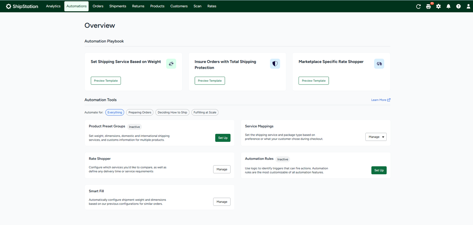 Best Shipping Software for Small Business ShipStation Automations overview page showing automation playbooks and tools such as Rate Shopper, Service Mappings, Automation Rules and Smart Fill