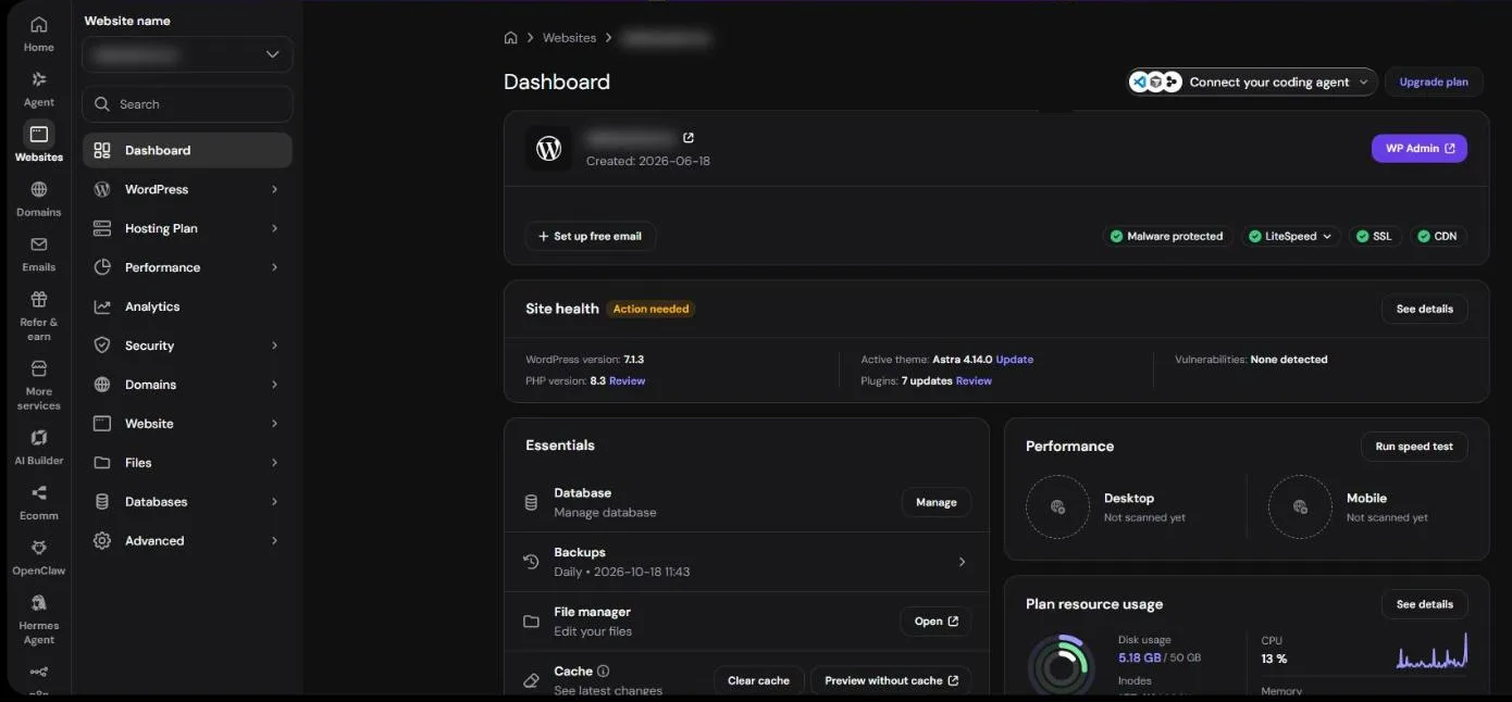 Hostinger hPanel dashboard for a WordPress site showing malware protection, LiteSpeed, SSL, CDN, daily backups and resource usage, with the domain blurred