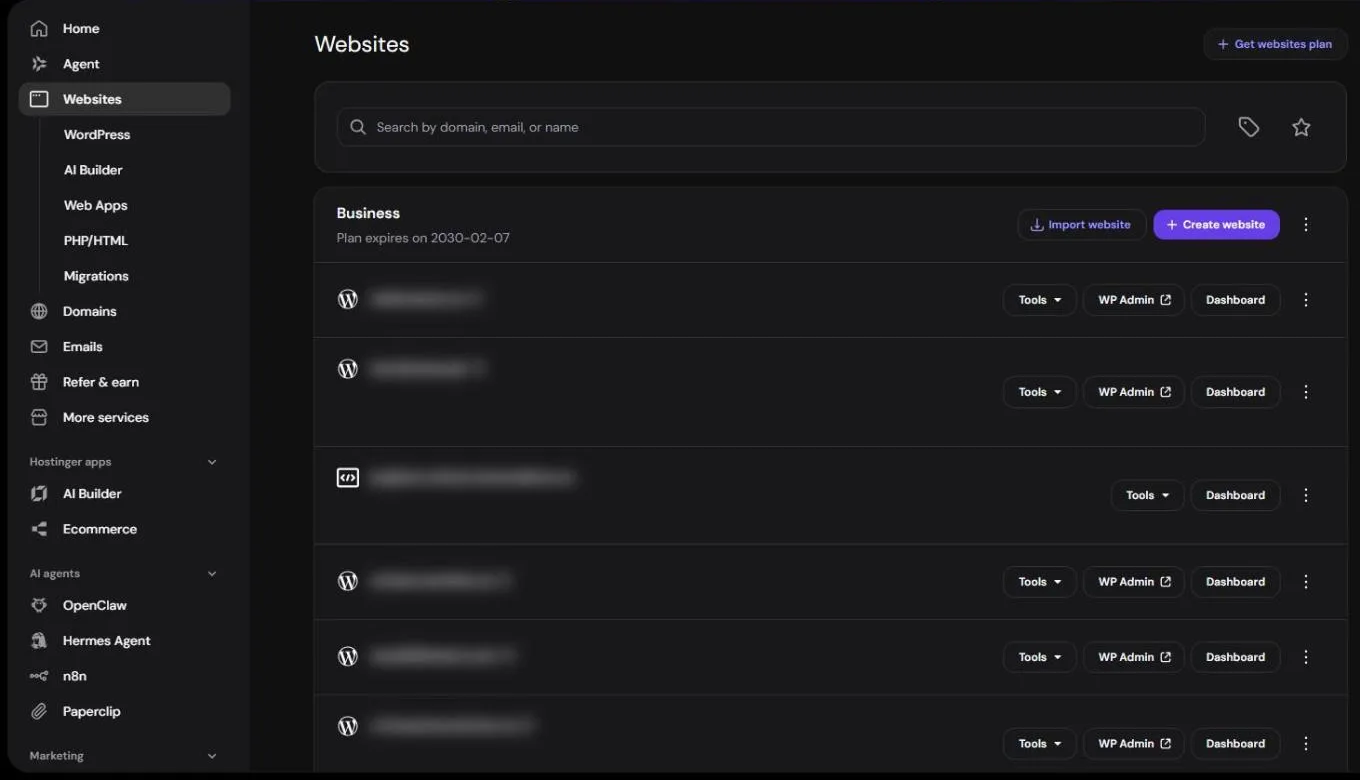 Hostinger hPanel Websites page showing several WordPress sites on a Business hosting plan, with site names blurred