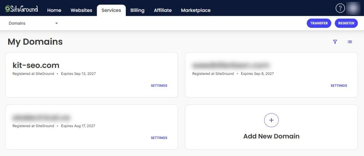 SiteGround account My Domains page showing kit-seo.com registered at SiteGround, with other domain names blurred